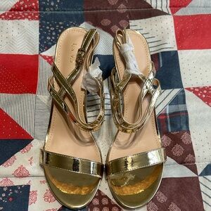 Gold‎ Strappy Block Heel Sandals